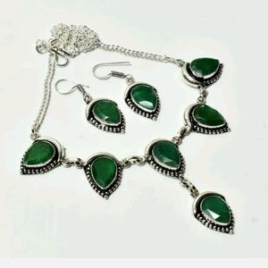 New simulated emerald sterling silver necklace & earrings set